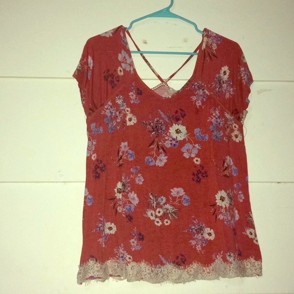 XL Rewind Pink Lace Floral Crisscross Back Shirt